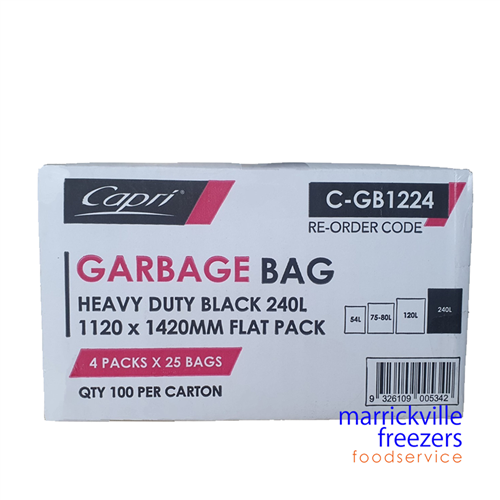 Garbage Bags Heavy Duty Black Flat Pack 240lt (100) CAPRI